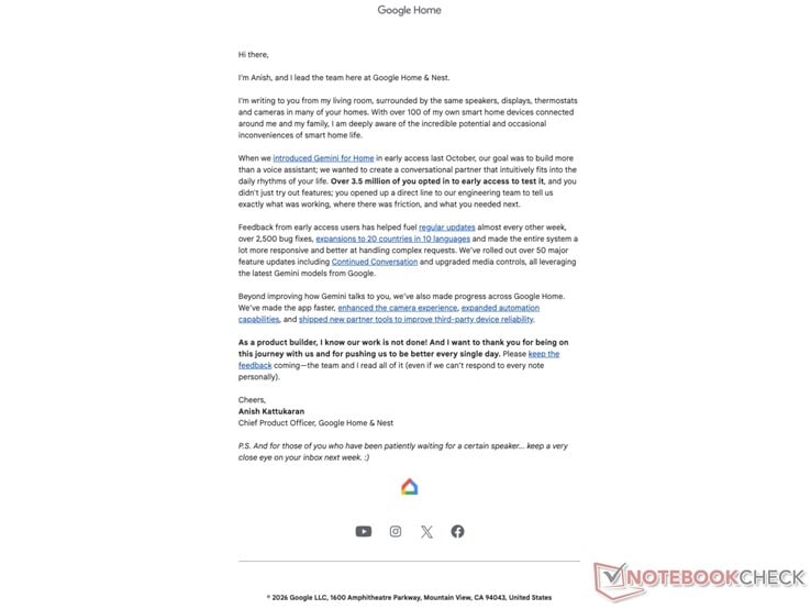 Письмо от директора по продуктам Google Home.