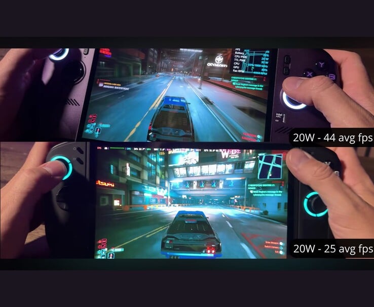 MSI Claw 8 AI+ и Lenovo Legion Go 2 работают с игрой «Cyberpunk 2077» при мощности 20 Вт, демонстрируя 44 FPS и 25 FPS соответственно.