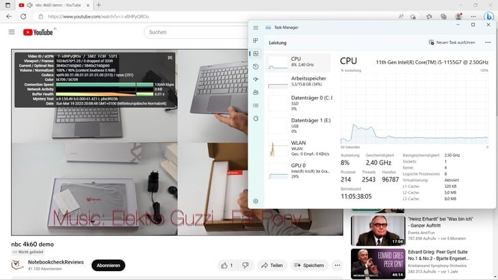 Воспроизведение 4K YouTube видео: нагрузка на процессор составляет 8%, а на встроенную графику 29%