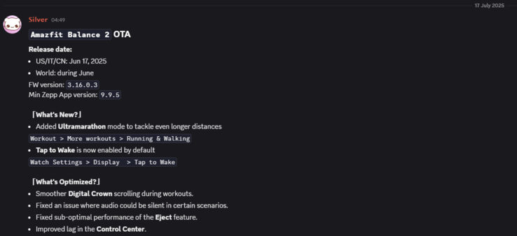 Примечания к обновлению Amazfit Balance 2 версии 3.16.0.3. (Источник изображения: Amazfit через Weibo)