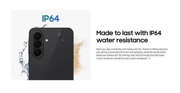 Степень защиты по стандарту IP у модели Galaxy A27 5G была понижена до IP64.
