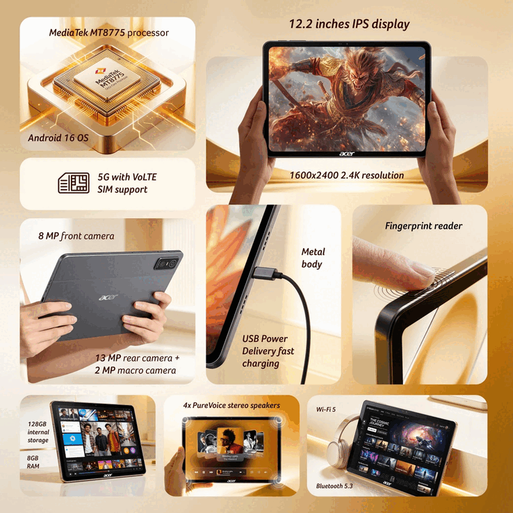 Основные характеристики Acer Iconia Tab 12 5G, дисплей, камеры, возможности подключения и аппаратные особенности