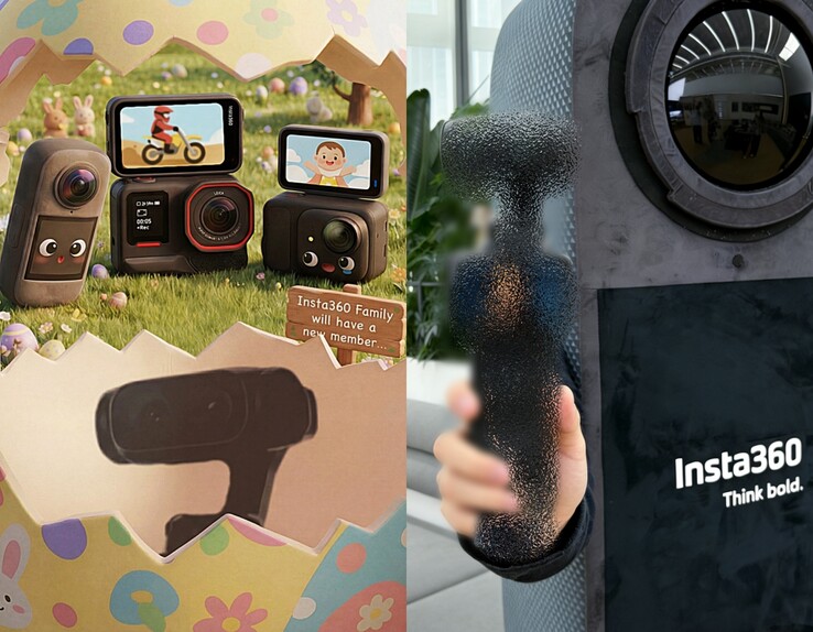 Insta360 с двумя камерами (слева), тизерное изображение Insta360 в полном размере (справа).