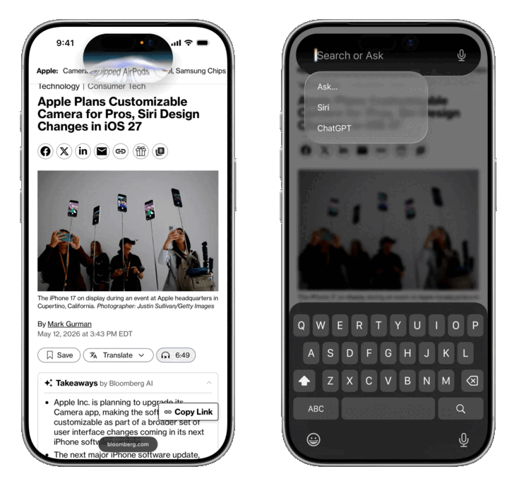 Планируется, что новая Siri будет иметь переработанную анимацию, выплывающую из динамического острова (слева), и интерфейс Search или Ask.