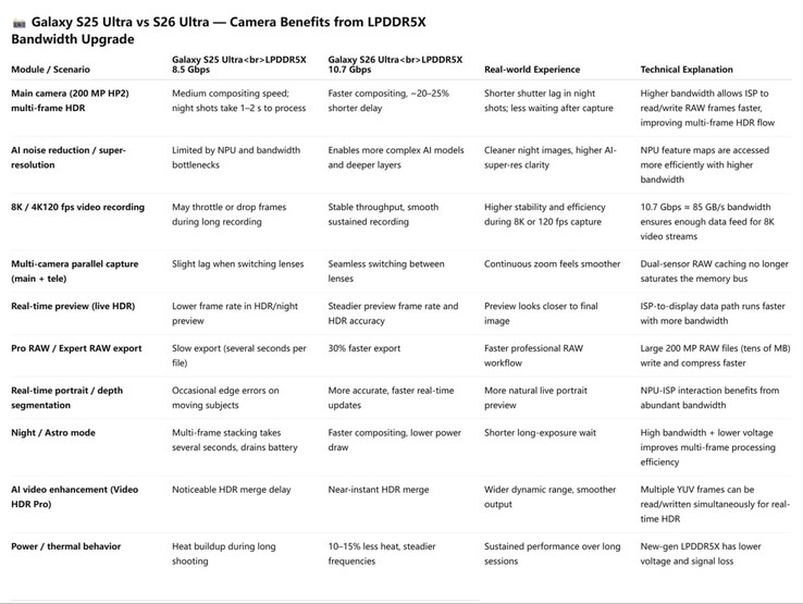 Предполагаемые улучшения камеры, которые появятся в Galaxy S26 благодаря более быстрой памяти. (Источник изображения: Ice Universe on X)