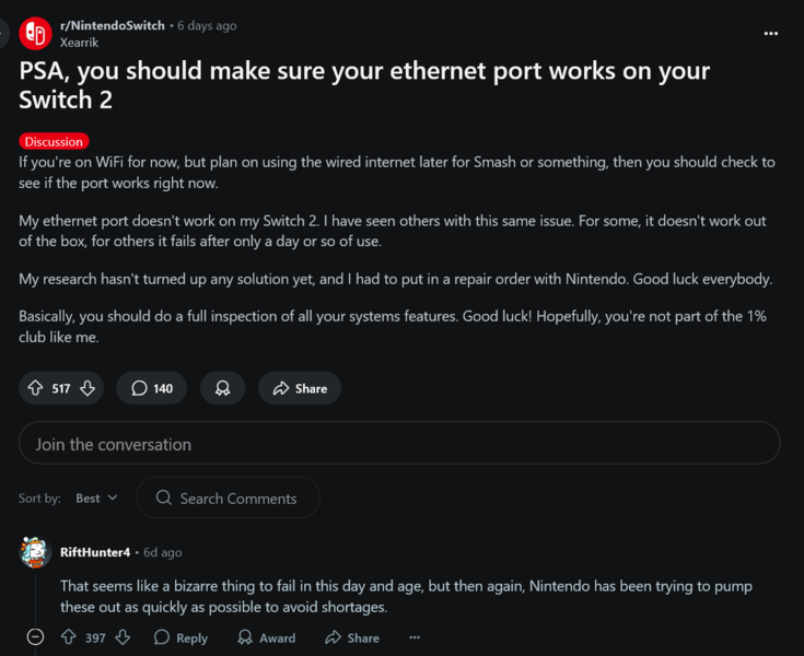 Проблемы с Ethernet-портом Nintendo Switch 2 (Источник изображения: скриншот, Nintendo Switch subreddit)