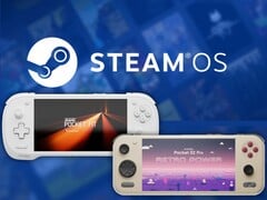 Konkr Pocket Fit G3 и Ayaneo Pocket S2 Pro, изображённые на фоне логотипа Steam OS