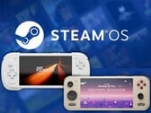 Konkr Pocket Fit G3 и Ayaneo Pocket S2 Pro, изображённые на фоне логотипа Steam OS