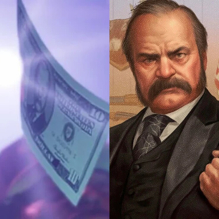 Изображение, показывающее деньги в GTA 6 из трейлера 2 вместе с президентом Таддеусом Ваксманом. (Источник изображения: Synth Potato on X)