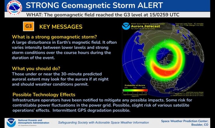 Предупреждение NOAA о геомагнитной буре на 15 сентября.