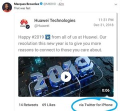 Сотрудники Huawei не учли, что публикация с iPhone отображается в Twitter со специальной подписью (Изображение: 3dnews)