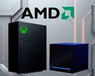 Логотип AMD над макетом новой консоли Xbox и Steam Machine