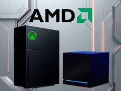 Логотип AMD над макетом новой консоли Xbox и Steam Machine