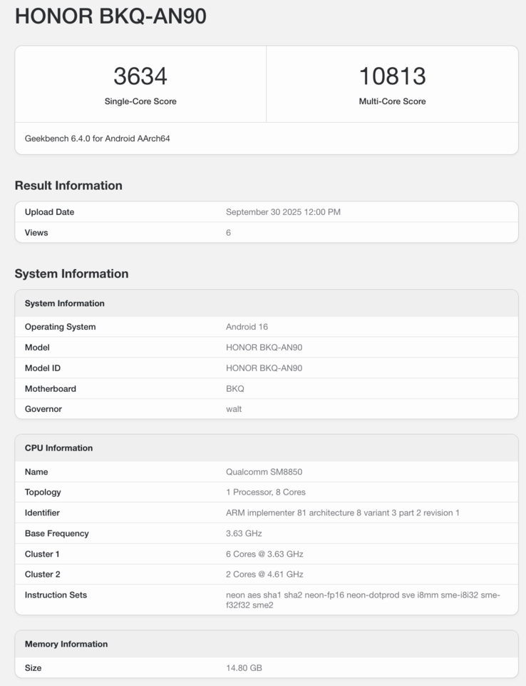Листинг Geekbench для Honor Magic 8 Pro. (Источник изображения: Geekbench)