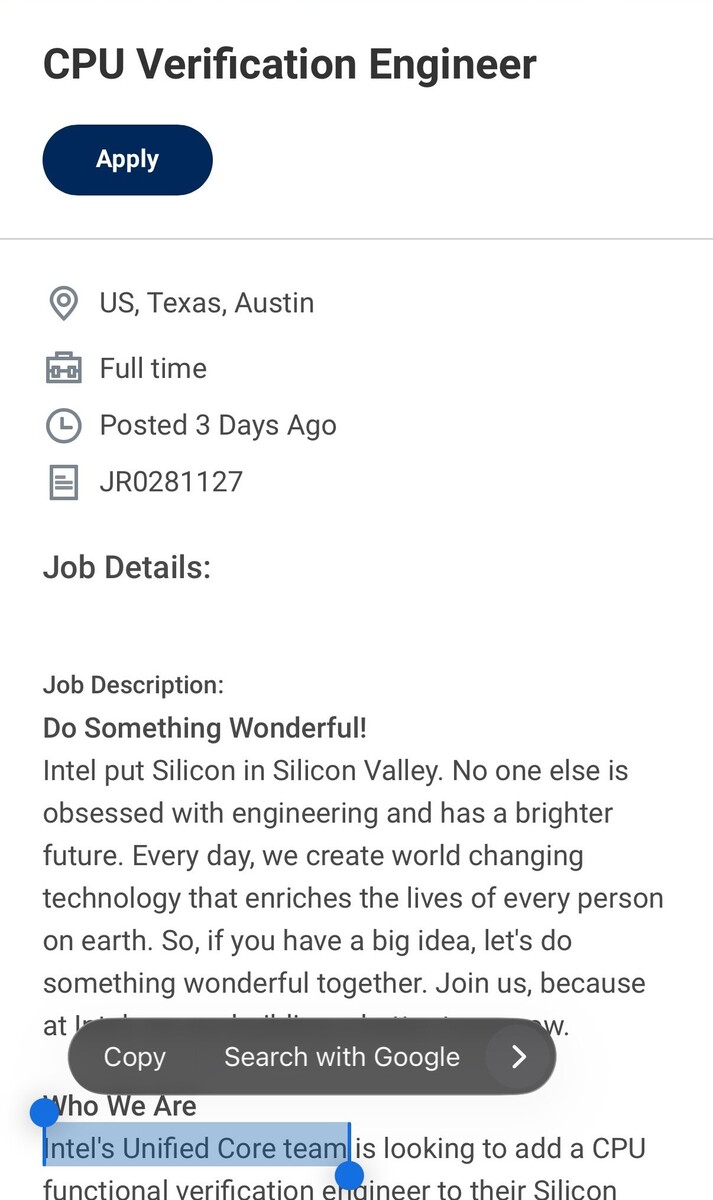 Intel ищет инженера для работы над унифицированными ядрами