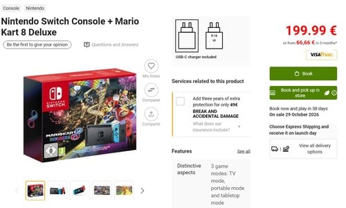 На фотографии представлен комплект Nintendo Switch с игрой Mario Kart 8 Deluxe в магазине Fnac
