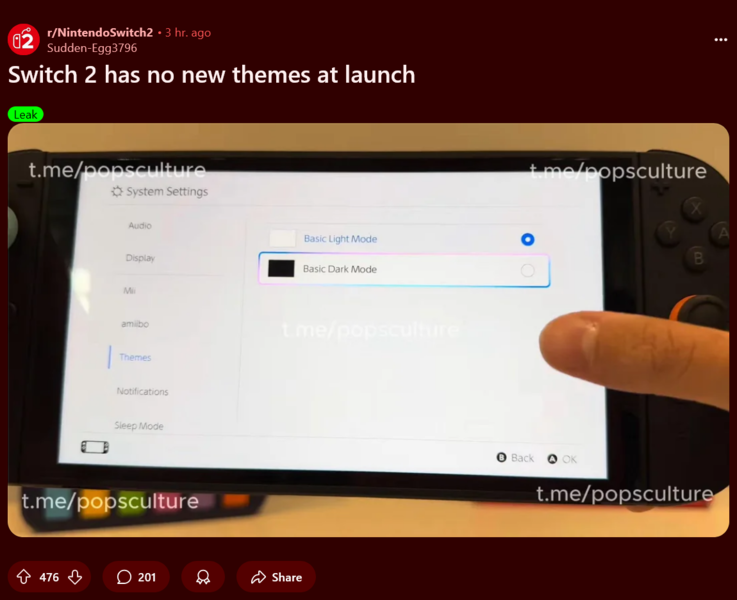 Видео распаковки Nintendo Switch 2, демонстрирующее темы (Источник изображения: скриншот, сабреддит Nintendo Switch 2)