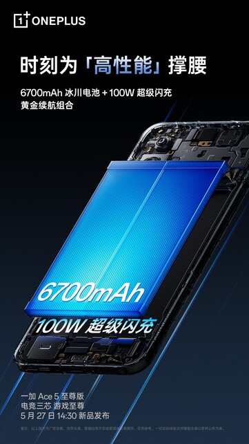 OnePlus Ace 5 Ultra имеет меньшую батарею емкостью 6700 мАч и поддерживает быструю зарядку мощностью 100 Вт. (Источник изображения: OnePlus)
