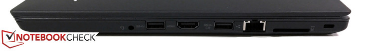 Справа: 3.5 мм аудио разъем, USB 3.0, HDMI 1.4b, USB 3.0 (усиленный для зарядки гаджетов), Ethernet, Кардридер, слот замка Kensington