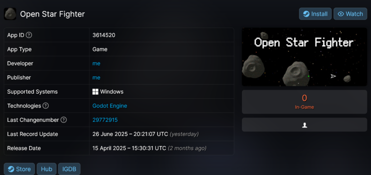 Открытая игра Star Fighter stolen Steam (Источник изображения: скриншот, SteamDB)