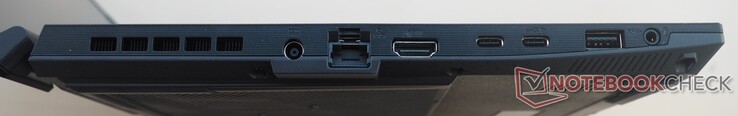 Левая сторона: разъем питания, Ethernet, HDMI 2.1, 2x USB-C 3.2 Gen2 (DisplayPort), USB-A 3.2 Gen1, аудио разъем