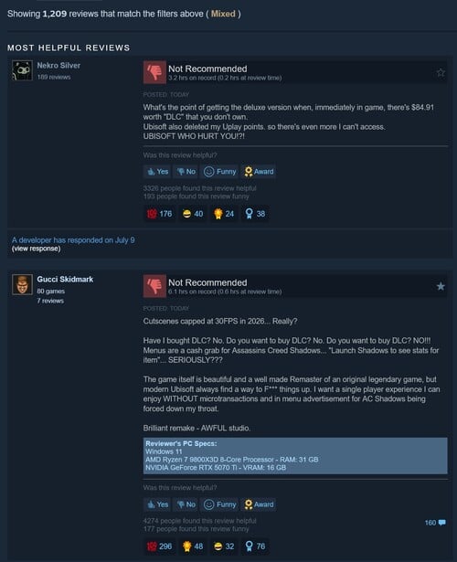 Отображаются смешанные отзывы о игре «Assassin's Creed: Black Flag — Resynced» в Steam