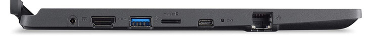 Левая сторона: разъем питания, HDMI, USB 3.2 Gen 1 (Type A), картридер (microSD), USB 3.2 Gen 1 (Type C; DisplayPort, Power Delivery), Ethernet