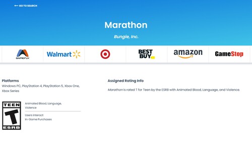 Отображается страница рейтинга Marathon ESRB