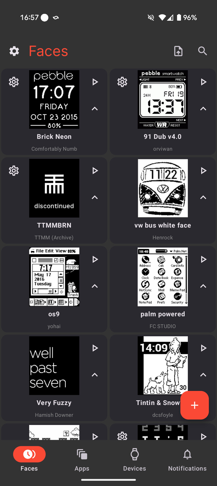 Снимок экрана некоторых Watch Faces в новом приложении Pebble. (Источник изображения: Eric Migicovsky с сайта X.com)