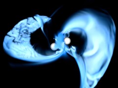 вид на суперкомпьютерную симуляцию сливающихся намагниченных нейтронных звезд