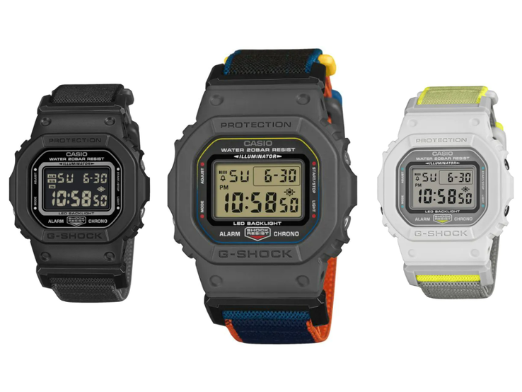 Слева направо: часы Casio G-Shock DW-5600MNC-1, DW-5600MNC-8A2 и DW-5600MNC-7A8