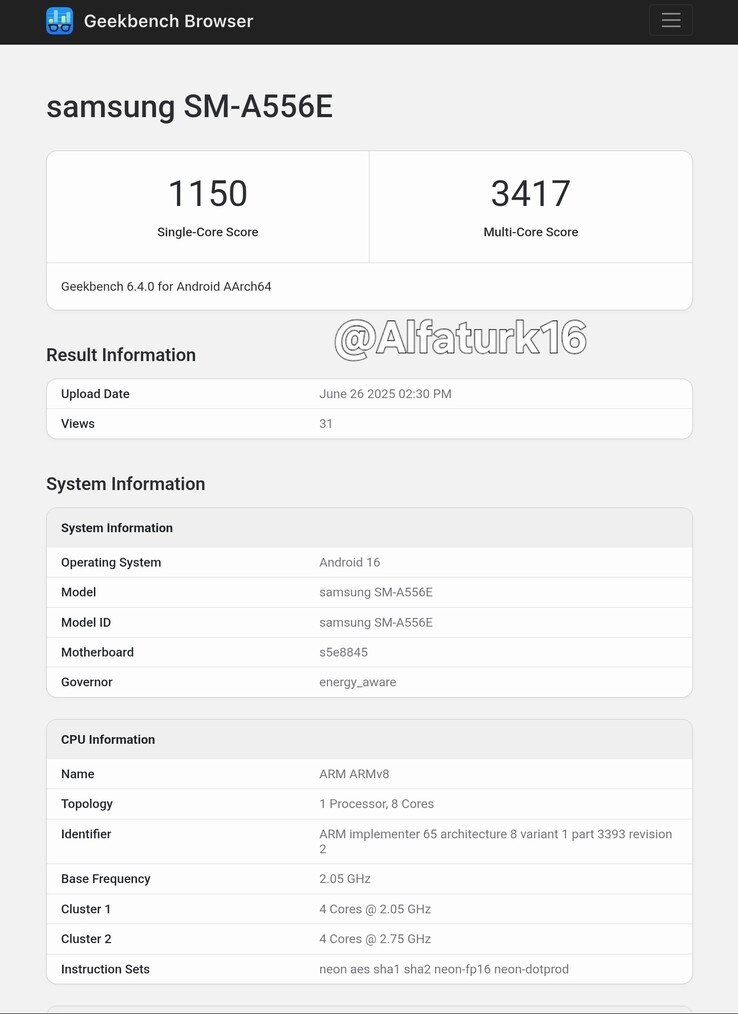 В новой утечке информации "Galaxy A55 5G" обновлен до Android 16. (Источник: Geekbench через AlfaTurk on X)