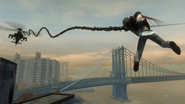 Изображение из игры Prototype, показывающее вертолет и главного героя. (Источник изображения: Steam)