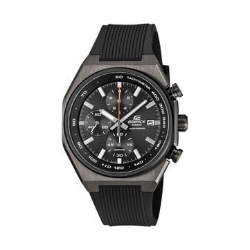 Хронограф Casio Edifice EFSS660PB-1A с серым корпусом с ионным покрытием, чёрным ремешком из смолы, чёрным текстурированным циферблатом, красной центральной секундной стрелкой, тремя дополнительными циферблатами и тахиметрической шкалой.