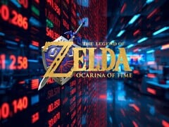Логотип ремейка The Legend of Zelda: Ocarina of Time на фоне биржевого тикера Nintendo
