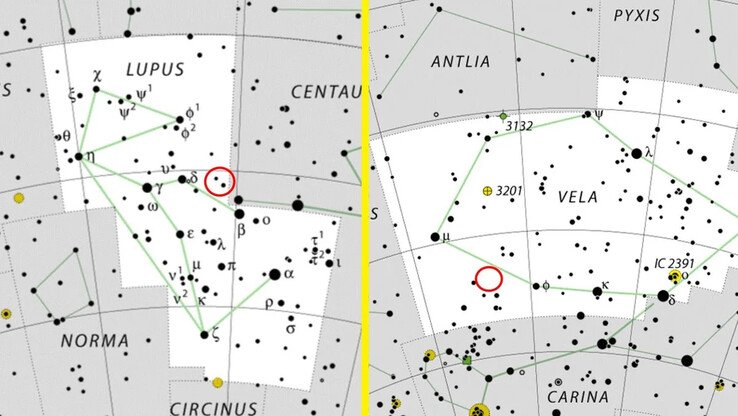 Расположение новых звезд V462 Lupi и V572 Velorum в созвездиях Lupus и Vela. (Источник изображения: IAU/Wikimedia - Live Science)