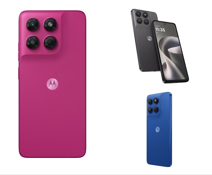 Motorola moto g37 показан в цветовых вариантах Pantone Fuchsia Red, Pantone Impenetrable и Pantone Nautical Blue.