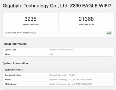 Листинг Geekbench 6 для Core Ultra 7 270K Plus. (Источник изображения: Geekbench)
