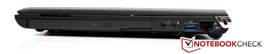 Справа: Считыватель карт памяти, пара аудиоразъемов, USB 3.0, RJ45, разъем для замка Кенсингтона