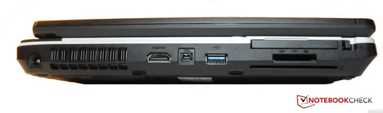Слева: Разъем для подключения питания, HDMI, Firewire, USB 3.0, Express Card, считыватель карт памяти и считыватель смарт карт