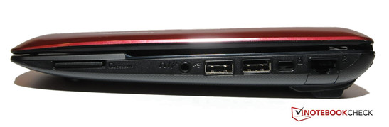 Справа: Считыватель карт памяти, аудиоразъем, 2x USB 2.0, разъем для замка Кенсингтона, LAN