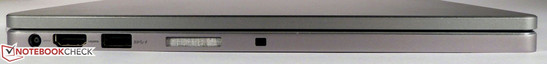 Слева: разъем питания, HDMI, USB 3.0, динамик, замок Noble Security