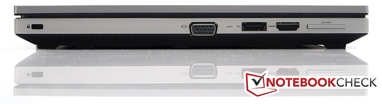 Слева: Разъем для замка Кенсингтона, VGA, USB 2.0/eSATA, HDMI, считыватель карт памяти 2-в-1