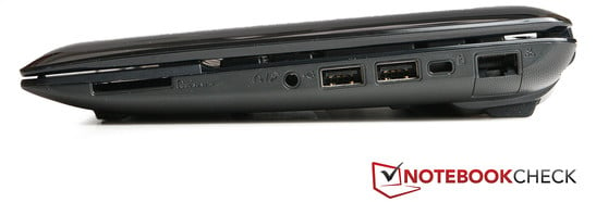 Справа: Считыватель карт памяти, аудиоразъемы, 2x USB 2.0, разъем для замка Кенсингтона, RJ45 (LAN)