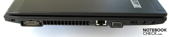 Слева: разъем для замка Кенсингтона, порт для док станции, решетка вентиляции, RJ45 (LAN), VGA, USB 2.0, разъемы для микрофона и наушников