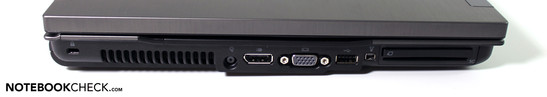 Слева: разъем для замка Кенсингтона, разъем питания, Display Port, VGA, USB, Firewire, ExpressCard