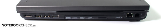 Справа:USB / eSATA, 2 х USB 3.0, USB 2.0, привод Blu-Ray дисков, LAN (RJ-45), модем (RJ-11)