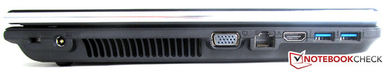 Слева: 2 x USB 3.0, HDMI, RJ45, VGA, разъем для подключения питания, разъем для замка Кенсингтона