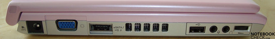 Левая панель: Разъем питания, VGA-выход, eSATA/USB, вентилятор, USB, аудио (наушники, микрофон), регулятор громкости