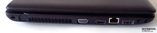 Слева: разъем для замка Кенсингтона, вентиляционная решетка, аналоговый VGA-выход, HDMI, LAN-порт, eSATA/USB, два аудио порта